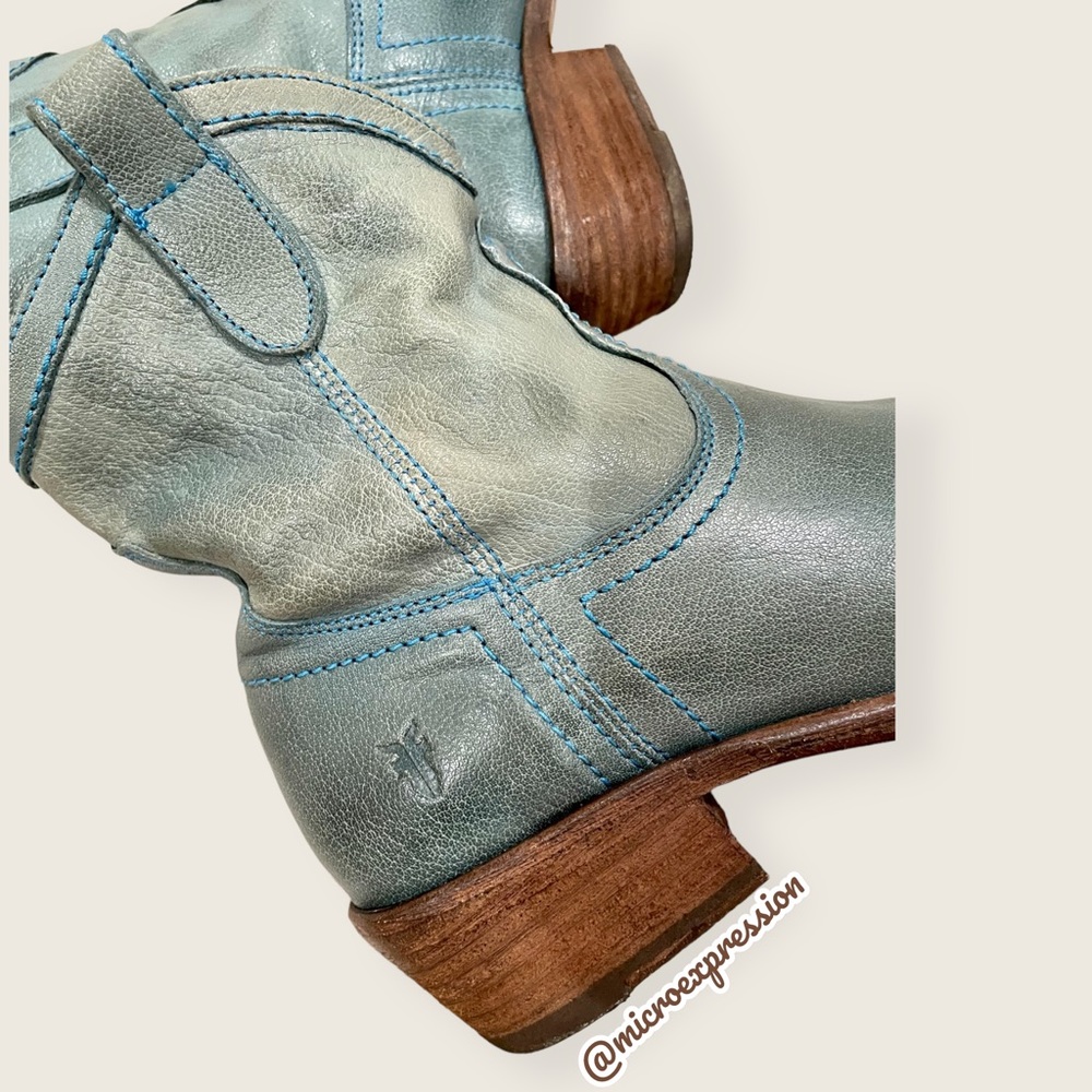 RARE Frye Carson Pull On Blue Leather Southern/Western Low Heel Cowgirl Boots - Picture 7 of 10
